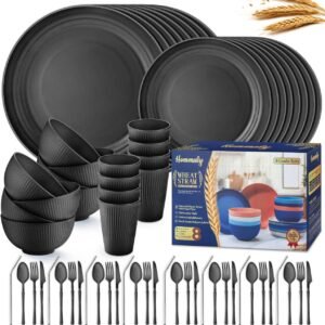 Wheat Straw Dinnerware Sets,64-Piece Black Plates and Bowls Sets for 8-Unbreakable