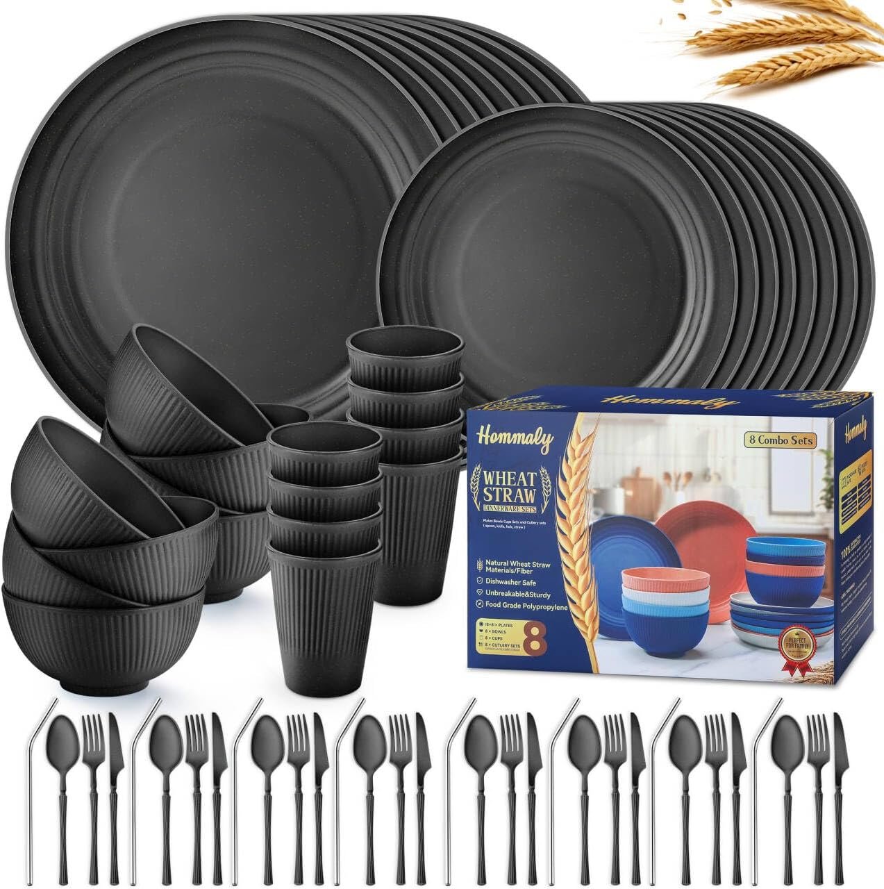 Wheat Straw Dinnerware Sets,64-Piece Black Plates and Bowls Sets for 8-Unbreakable