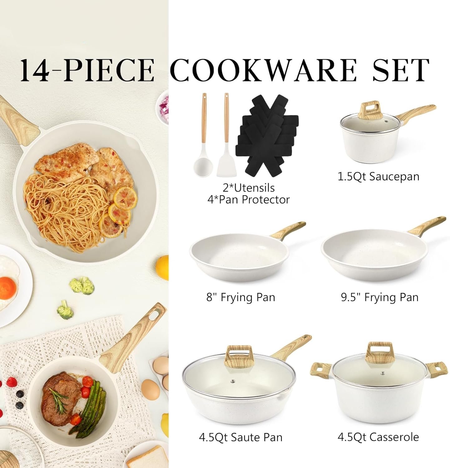 Pots and Pans Set Non Stick - 14 Pcs White Granite Kitchen Cookware Sets - Image 3