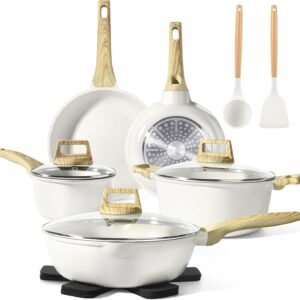 Pots and Pans Set Non Stick - 14 Pcs White Granite Kitchen Cookware Sets