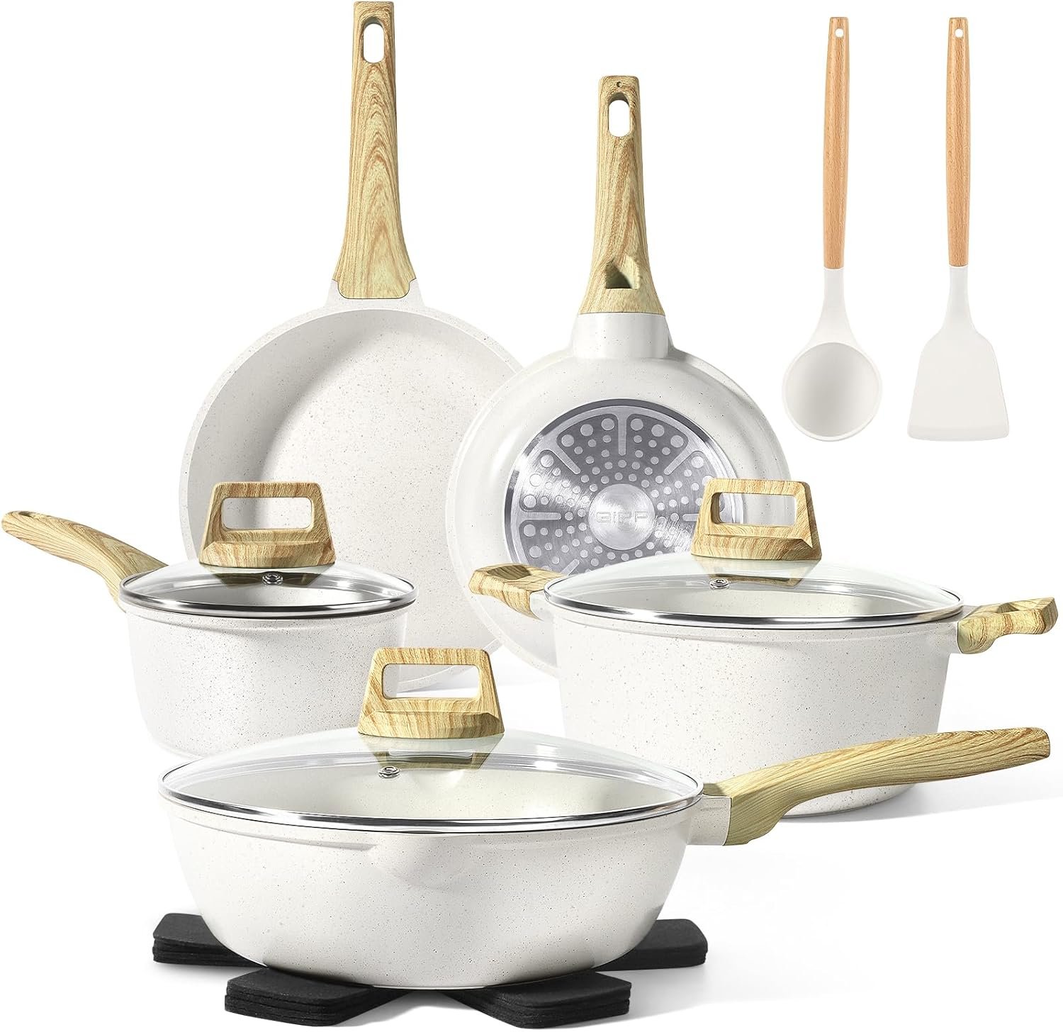 Pots and Pans Set Non Stick - 14 Pcs White Granite Kitchen Cookware Sets