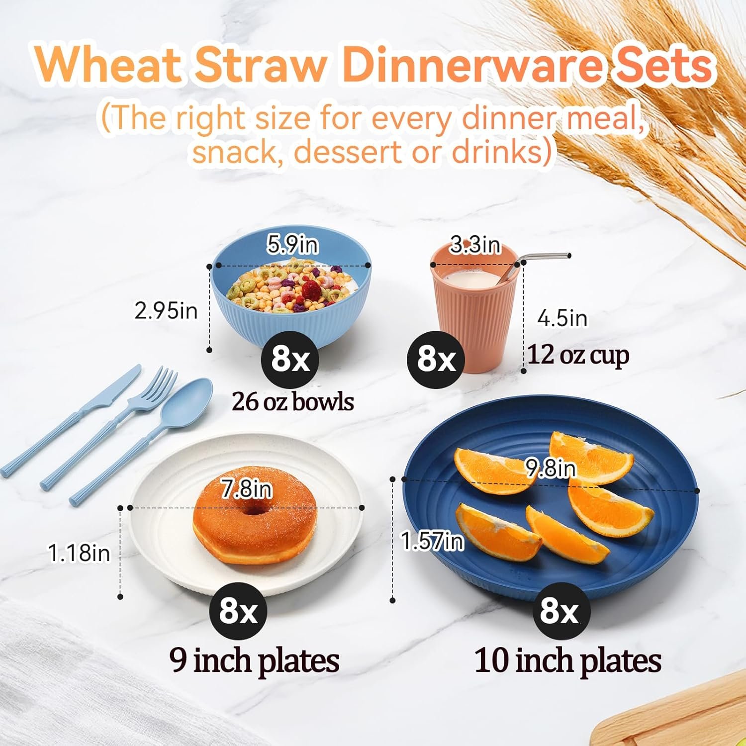 Wheat Straw Dinnerware Sets,64-Piece Black Plates and Bowls Sets for 8-Unbreakable - Image 6