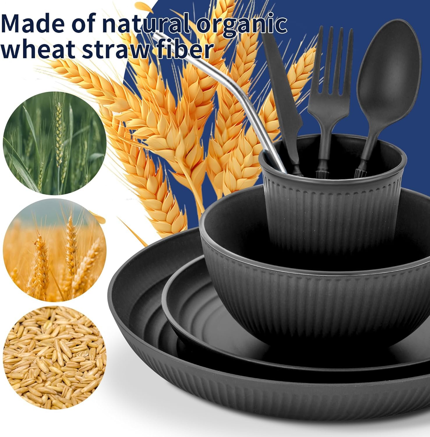 Wheat Straw Dinnerware Sets,64-Piece Black Plates and Bowls Sets for 8-Unbreakable - Image 7