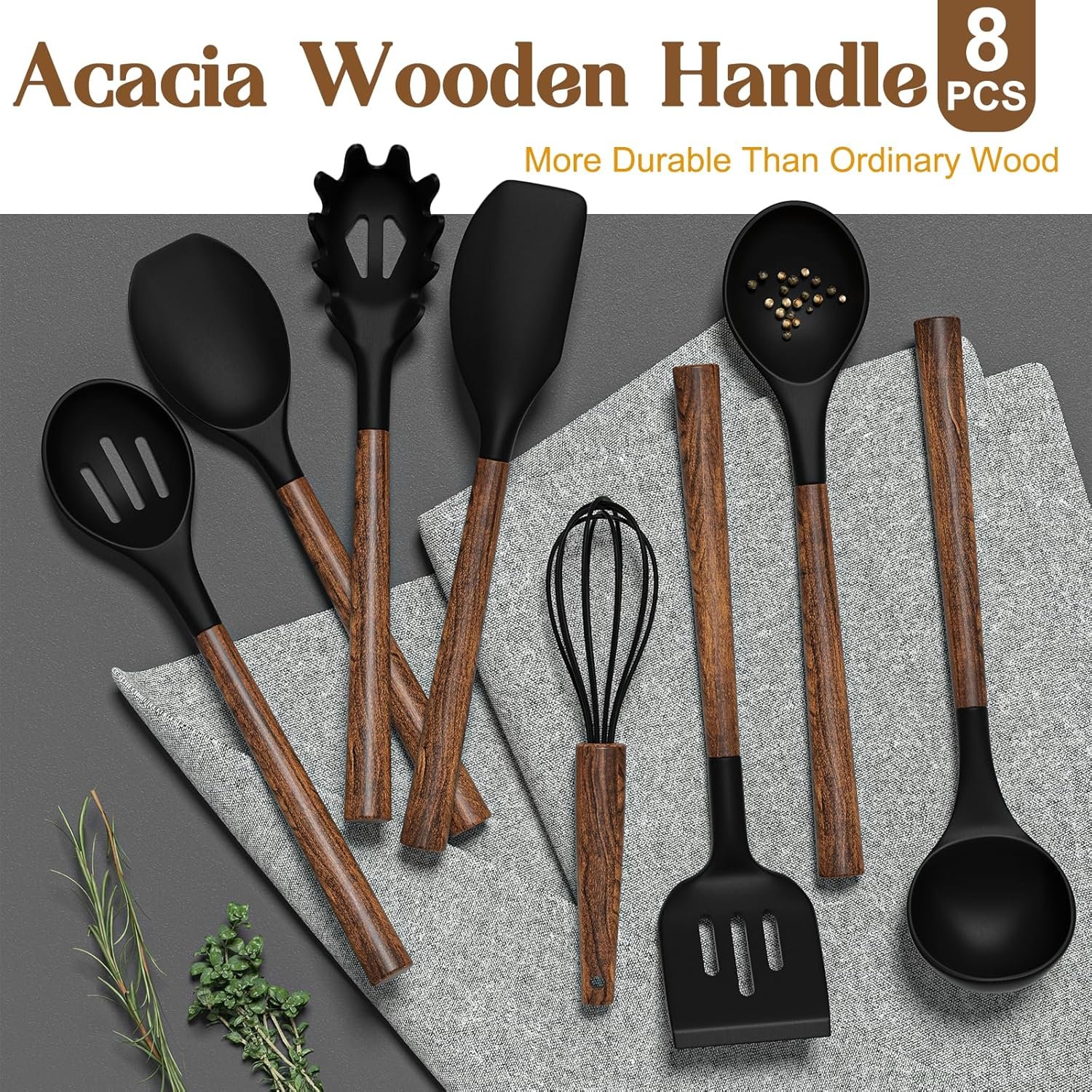 8-Piece Kitchen Utensils Set with Natural Acacia Wooden Handles - Image 9